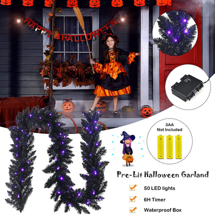 9FT Black Halloween Garland with Lights - GoplusUS