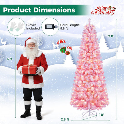 Goplus 5ft/6ft/7ft Pink Pre-Lit Flocked Christmas Trees | Holiday Decoration Tree for Home Office Party