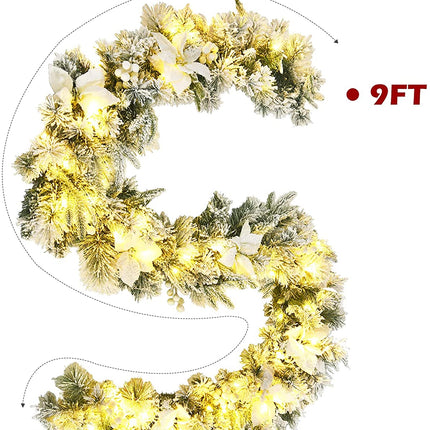 9ft Snow Flocked Christmas Garland with 50 LED Light - GoplusUS
