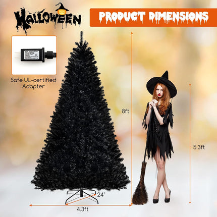 Goplus 6/7/8 FT Pre-Lit Black Halloween Tree, Artificial Hinged Christmas Tree with 280/380/500 Orange & Purple LED Lights