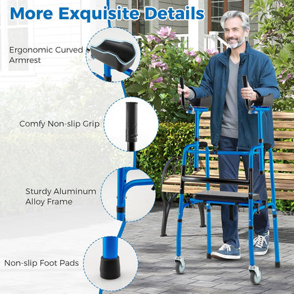 Goplus 450 Lbs Foldable Standard Walker with 5" Wheels and Removable Armrests
