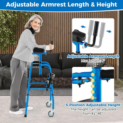 Goplus 450 Lbs Foldable Standard Walker with 5" Wheels and Removable Armrests