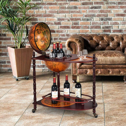 34" Wood Globe Wine Bar Stand 16th Century Italian Rack Bigger Shelf for More Liquor Bottle - GoplusUS