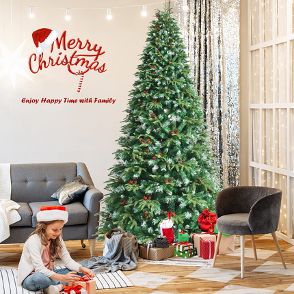 Goplus 8FT Pre-Lit Artificial Christmas Tree, Hinged Realistic Snowy Xmas Pine Tree W/ 780 Color Changing LED Lights, 11 Flash Modes - GoplusUS