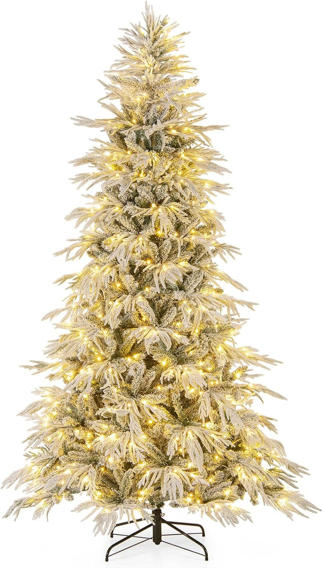 Goplus 6ft / 7ft / 8ft Pre-Lit Snow Flocked Christmas Tree with PE & PVC Mixed Branch Tip