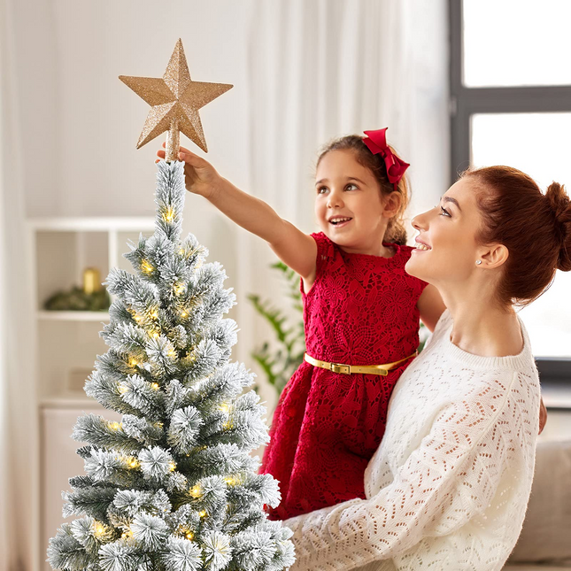 Goplus Snow Flocked Christmas Tree, Premium Hinged Artificial Pine Tree, Remote Controller, Xmas Full Tree for Indoor - GoplusUS