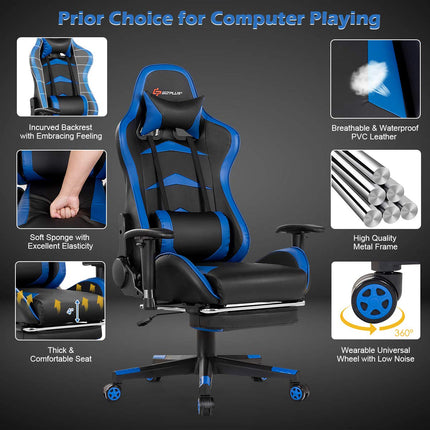 Massage Gaming Chair, Reclining Backrest, Handrails and Seat Height Adjustment - GoplusUS