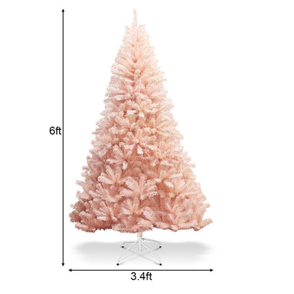 Artificial Pink Christmas Tree, 6ft/7ft Premium Unlit Hinged Spruce Full Tree - GoplusUS