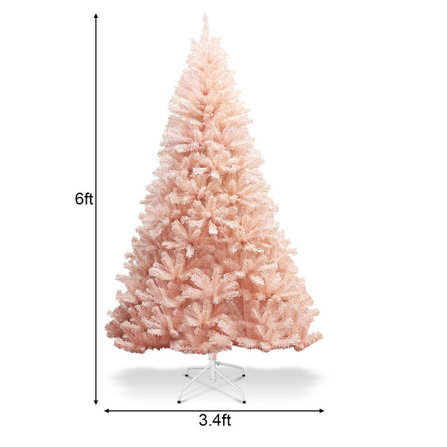 Artificial Pink Christmas Tree, 6ft/7ft Premium Unlit Hinged Spruce Full Tree - GoplusUS