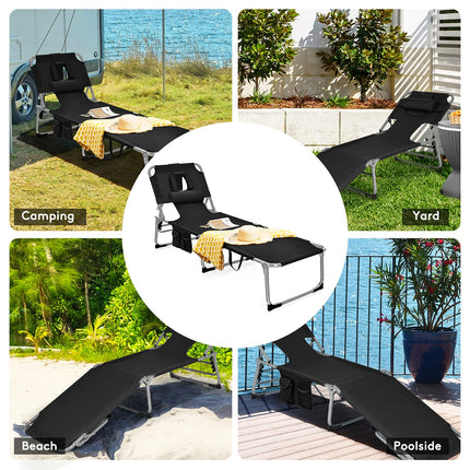 Beach Chaise Lounge with Face Hole, Folding Recliner  Black/Gray/Sky Blue/Navy - GoplusUS