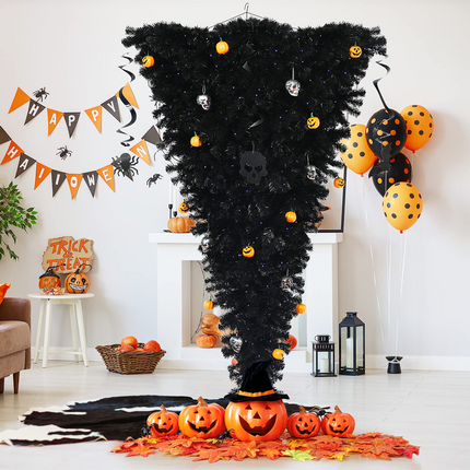 Goplus Pre-lit Black Halloween Tree, Artificial Upside Down Christmas Tree, Hinged Inverted Xmas Pine Tree - GoplusUS