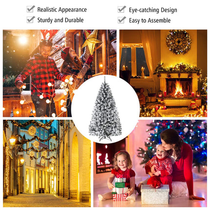 6FT/9FT  Snow Flocked Christmas Tree, Hinged Pine Tree - GoplusUS