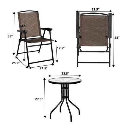 3 Piece Bistro Set All Weather Patio Furniture Indoor & Outdoor Garden Round Table and Folding Chairs - GoplusUS