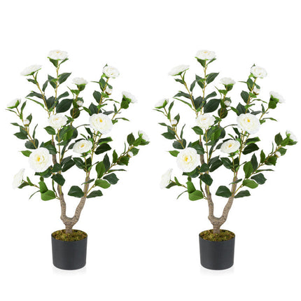 Goplus 36’’ Artificial Camellia Tree Faux Floral Plant Blooming Tree in Nursery Pot