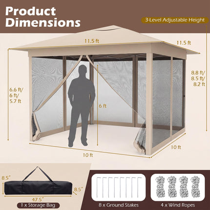 Goplus 11.5 x 11.5 FT Pop-up Gazebo One-Person Easy Setup Canopy Tent with Mesh Screen Netting