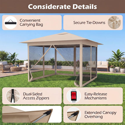 Goplus 11.5 x 11.5 FT Pop-up Gazebo One-Person Easy Setup Canopy Tent with Mesh Screen Netting