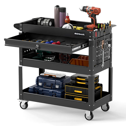 Goplus 3 Tier Rolling Tool Cart with Lockable Drawer | Heavy Duty Metal Utility Cart on Wheels