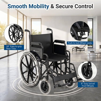 Goplus Lightweight Folding Wheelchair for Adults | Heavy-Duty Mobility Support for Senior