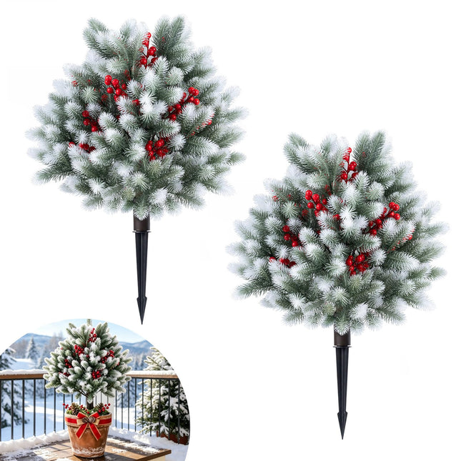 Goplus 27.5" Faux Pine Needle Bushes with Ground Spikes | Artificial Cedar Topiary Ball Trees Set of 2