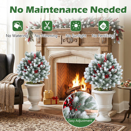 Goplus 27.5" Faux Pine Needle Bushes with Ground Spikes | Artificial Cedar Topiary Ball Trees Set of 2