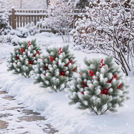 Goplus 27.5" Faux Pine Needle Bushes with Ground Spikes | Artificial Cedar Topiary Ball Trees Set of 2