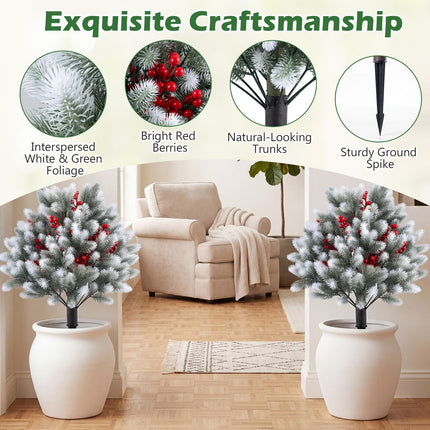Goplus 27.5" Faux Pine Needle Bushes with Ground Spikes | Artificial Cedar Topiary Ball Trees Set of 2