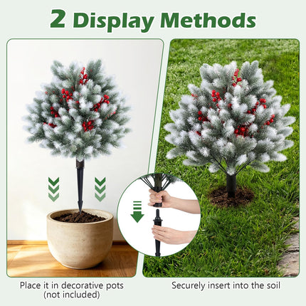 Goplus 27.5" Faux Pine Needle Bushes with Ground Spikes | Artificial Cedar Topiary Ball Trees Set of 2