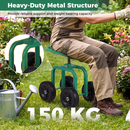 Goplus Garden Cart with Wheels, Utility Stool Cart w/Adjustable 360 Degree Swivel Seat