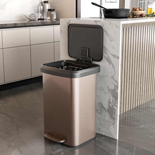 Goplus 13 Gallon/50 L Stainless Steel Trash Can w/Soft-Close Lid, Foot Pedal & Deodorizer Compartment