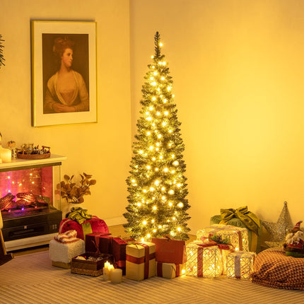 Goplus 5ft Pre-Lit Pencil Christmas Tree, Artificial Slim Xmas Tree with 150 Warm-White LED Lights