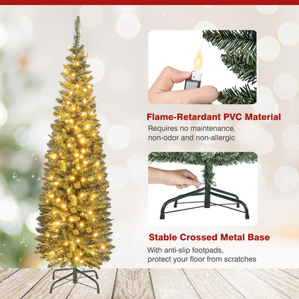 Goplus 5ft Pre-Lit Pencil Christmas Tree, Artificial Slim Xmas Tree with 150 Warm-White LED Lights