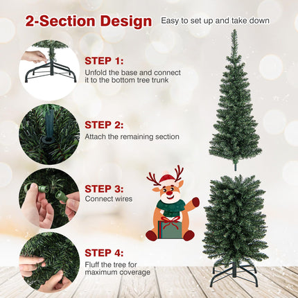 Goplus 5ft Pre-Lit Pencil Christmas Tree, Artificial Slim Xmas Tree with 150 Warm-White LED Lights