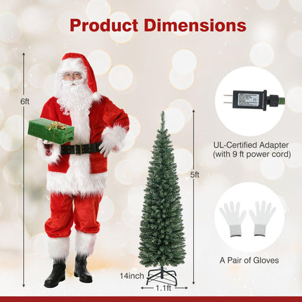 Goplus 5ft Pre-Lit Pencil Christmas Tree, Artificial Slim Xmas Tree with 150 Warm-White LED Lights