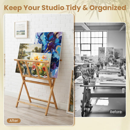 Goplus Bamboo Art Print Rack for Canvas Storage & Display | Freestanding Artwork Display Stand