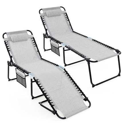 Patio Folding Chaise Lounge, Portable Lay Flat Reclining Chair w/ 4-Level Backrest, Side Pocket & Detachable Headrest