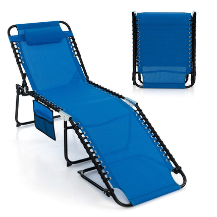 Patio Folding Chaise Lounge, Portable Lay Flat Reclining Chair w/ 4-Level Backrest, Side Pocket & Detachable Headrest