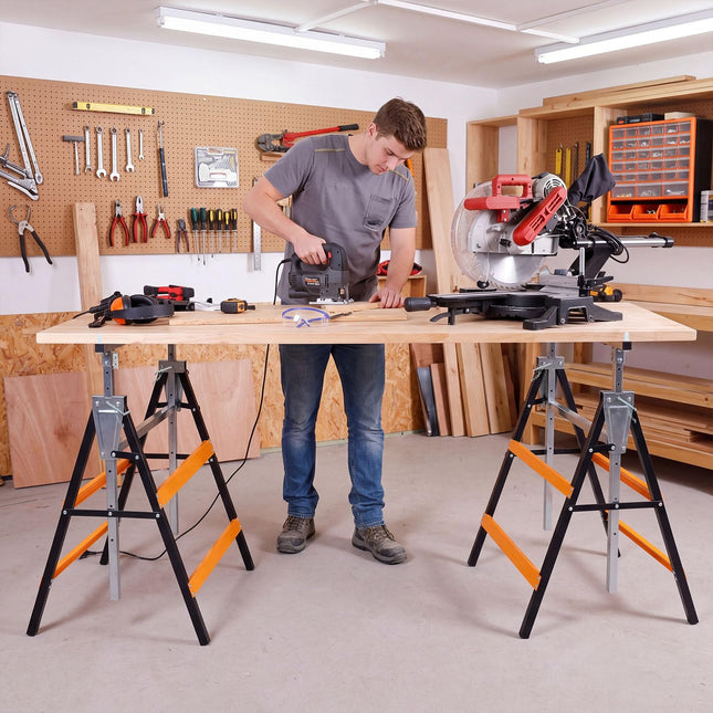 Goplus 2 Pack Heavy Duty Metal Adjustable Height Sawhorse Set with Top Limit Clip & Non-Slip Foot Pads