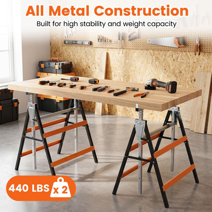 Goplus 2 Pack Heavy Duty Metal Adjustable Height Sawhorse Set with Top Limit Clip & Non-Slip Foot Pads