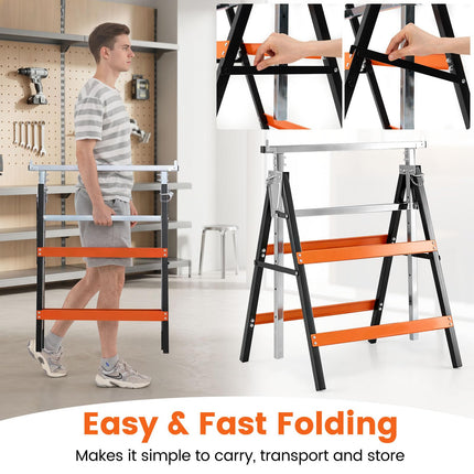 Goplus 2 Pack Heavy Duty Metal Adjustable Height Sawhorse Set with Top Limit Clip & Non-Slip Foot Pads