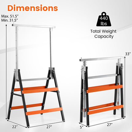 Goplus 2 Pack Heavy Duty Metal Adjustable Height Sawhorse Set with Top Limit Clip & Non-Slip Foot Pads