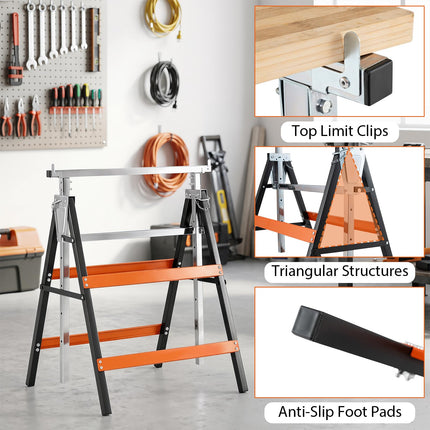 Goplus 2 Pack Heavy Duty Metal Adjustable Height Sawhorse Set with Top Limit Clip & Non-Slip Foot Pads