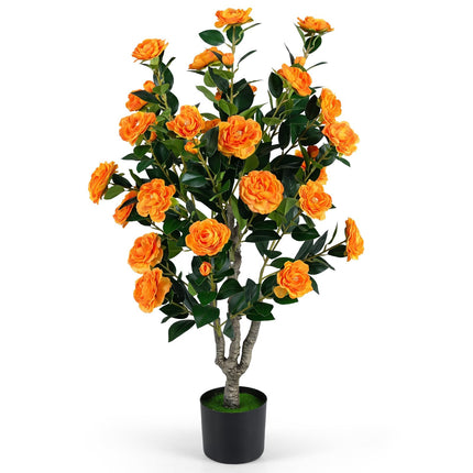 Goplus 39.5" Artificial Camellia Tree in Cement-Filled Pot with Blossoms