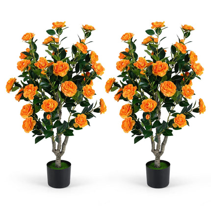 Goplus 39.5" Artificial Camellia Tree in Cement-Filled Pot with Blossoms