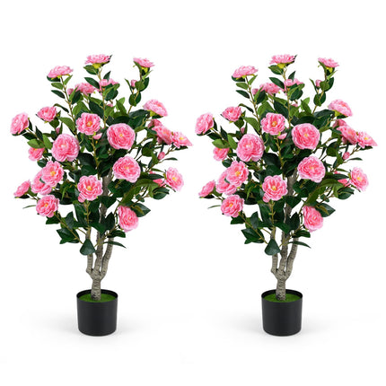 Goplus 39.5" Artificial Camellia Tree in Cement-Filled Pot with Blossoms