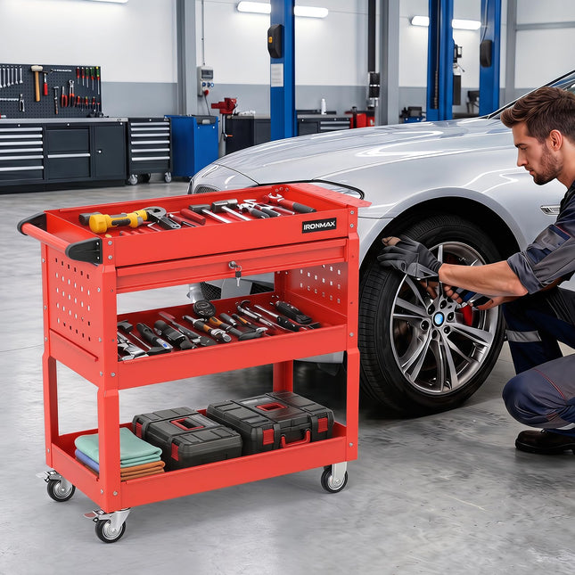 Goplus 3 Tier Rolling Tool Cart with Lockable Drawer | Heavy Duty Metal Utility Cart on Wheels