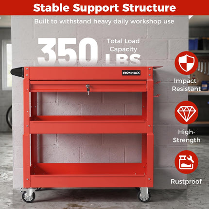 Goplus 3 Tier Rolling Tool Cart with Lockable Drawer | Heavy Duty Metal Utility Cart on Wheels