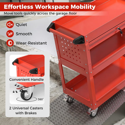 Goplus 3 Tier Rolling Tool Cart with Lockable Drawer | Heavy Duty Metal Utility Cart on Wheels