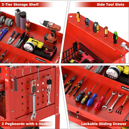 Goplus 3 Tier Rolling Tool Cart with Lockable Drawer | Heavy Duty Metal Utility Cart on Wheels