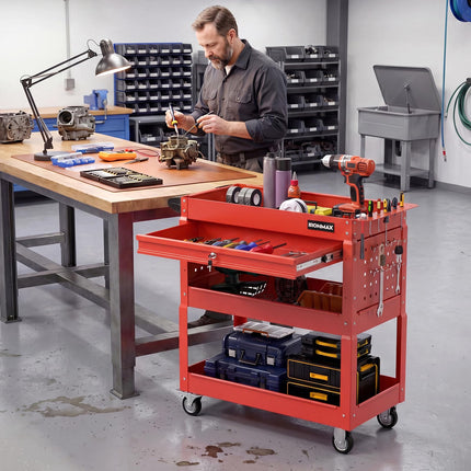 Goplus 3 Tier Rolling Tool Cart with Lockable Drawer | Heavy Duty Metal Utility Cart on Wheels