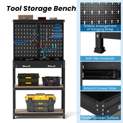 Goplus Workbench with Pegboard, 32" x 16" Multi-use Workbench with 2 Tires of Shelves, Topping Space